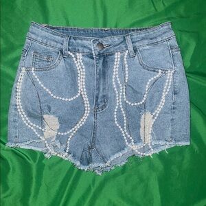 SHEIN Blue and White Jean Shorts with Distressed Design size 28 Stretch Denim